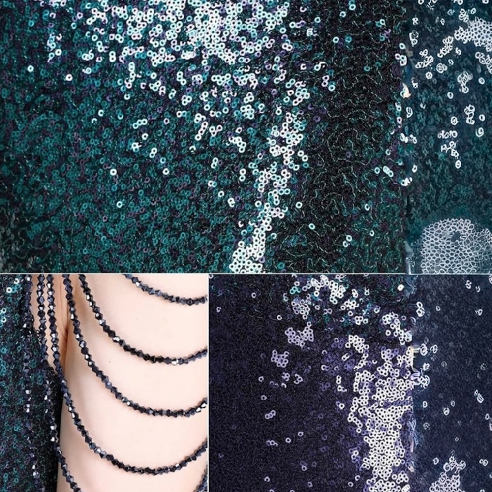 Emerald Navy Ombre Sequin Mermaid Gown w/ Beaded Shoulder Fringe – Formal Dress - Picture 2 of 9